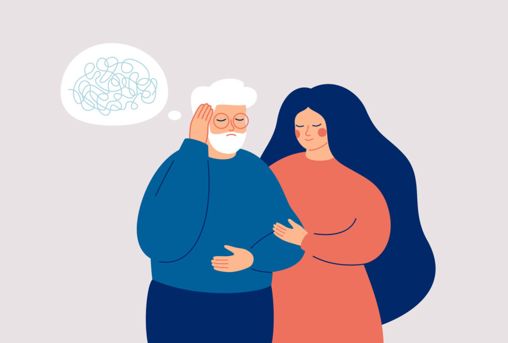 Drawing of an older man struggling mentally and a younger woman helping to support him, to represent the Mental Capacity Act