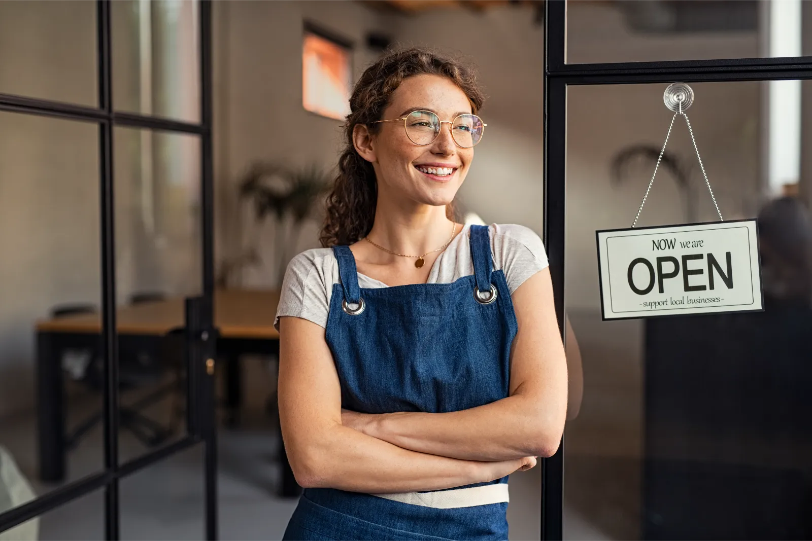 Woman in front of her café after opening a business abroad.